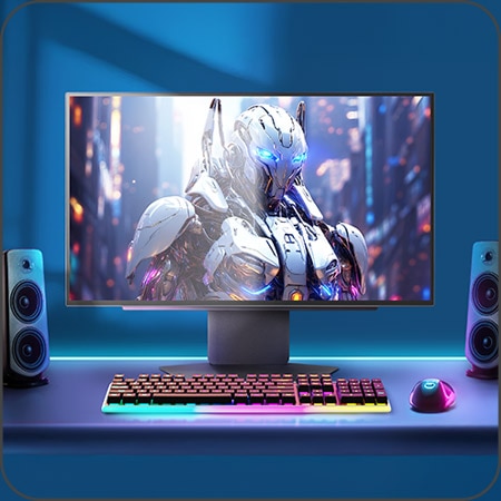 Gamer-setup med ljusstark sk?rm och RGB-tangentbord, med fokus p? raml?s Hexaglow-belysning.
