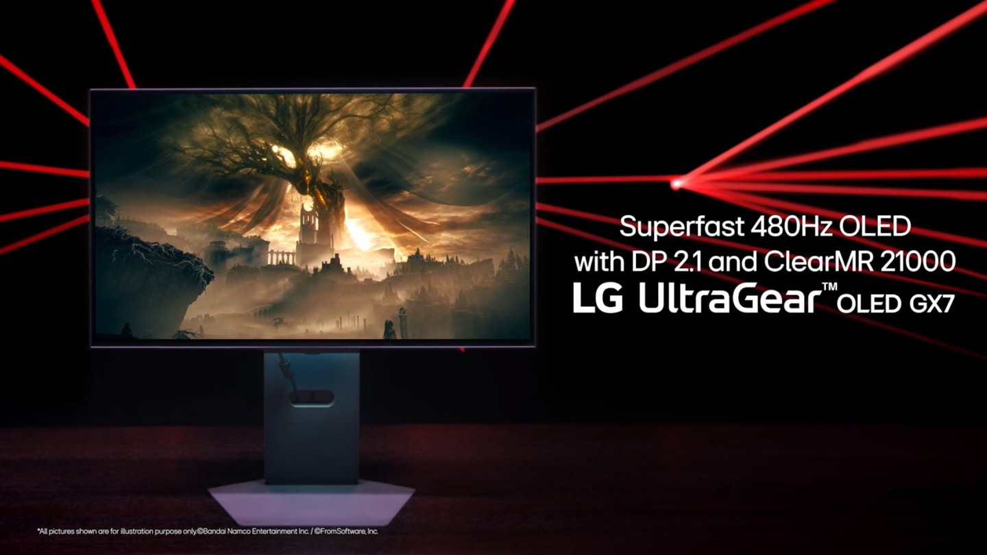 Video som visar LG UltraGear 27GX790A med fyrsidig kantl?s design, L-formad bas utan st?rande kablar, OLED-sk?rm med 480?Hz, responstid p? 0,03?ms (GtG), DP 2.1 och ClearMR 21000-certifiering.