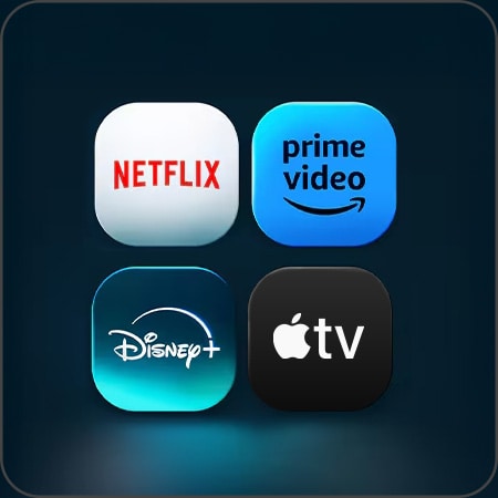 íconos de servicios de streaming como Netflix, Prime Video, Disney+ y Apple TV, destacando webOS 24 con integración de IA de LG.
