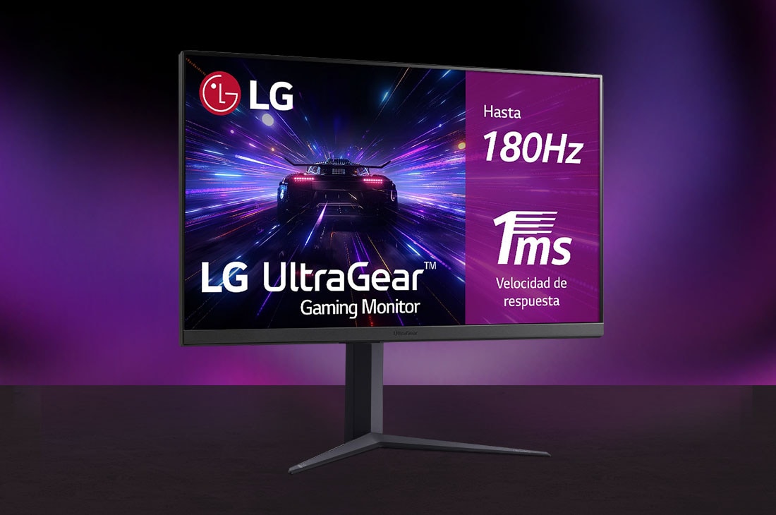 Monitor LG UltraGear 32GS75QX con pantalla plana y base negra.