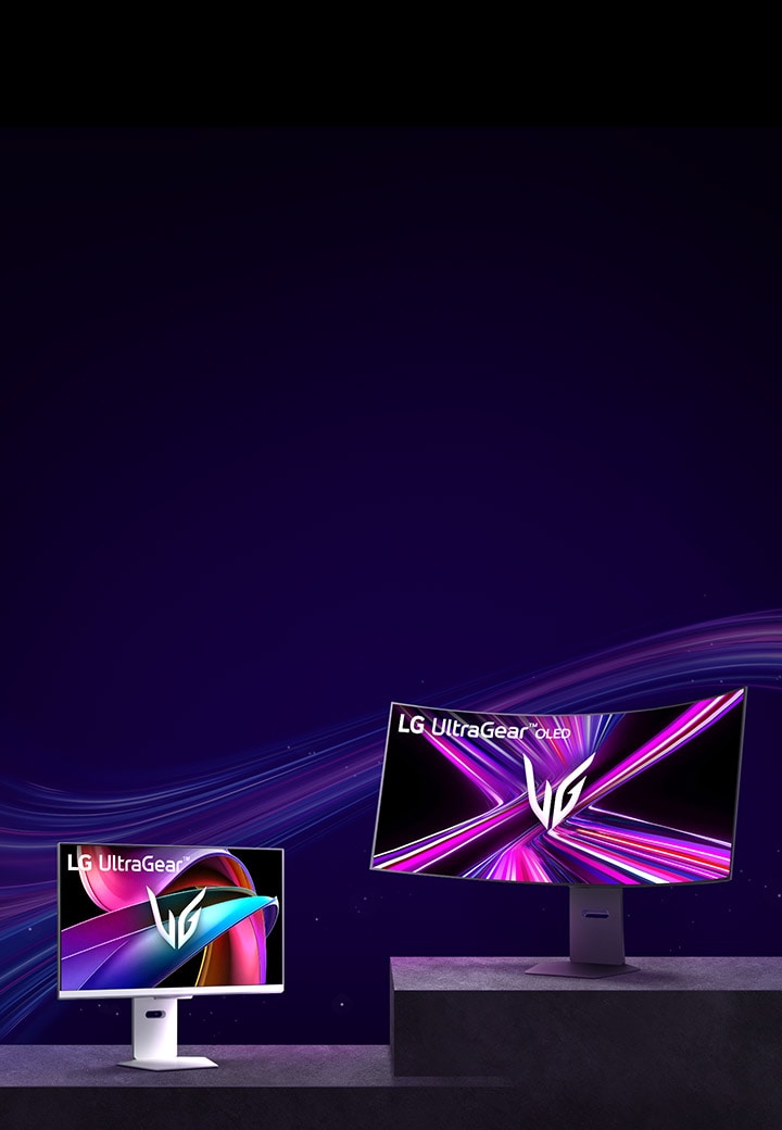 Promoción de LG UltraGear del primer monitor gaming OLED 5K2K del mundo, con 10?% de descuento del 28 de abril al 14 de mayo. Modelos mostrados: 32G810SA y el curvo 45GX950.