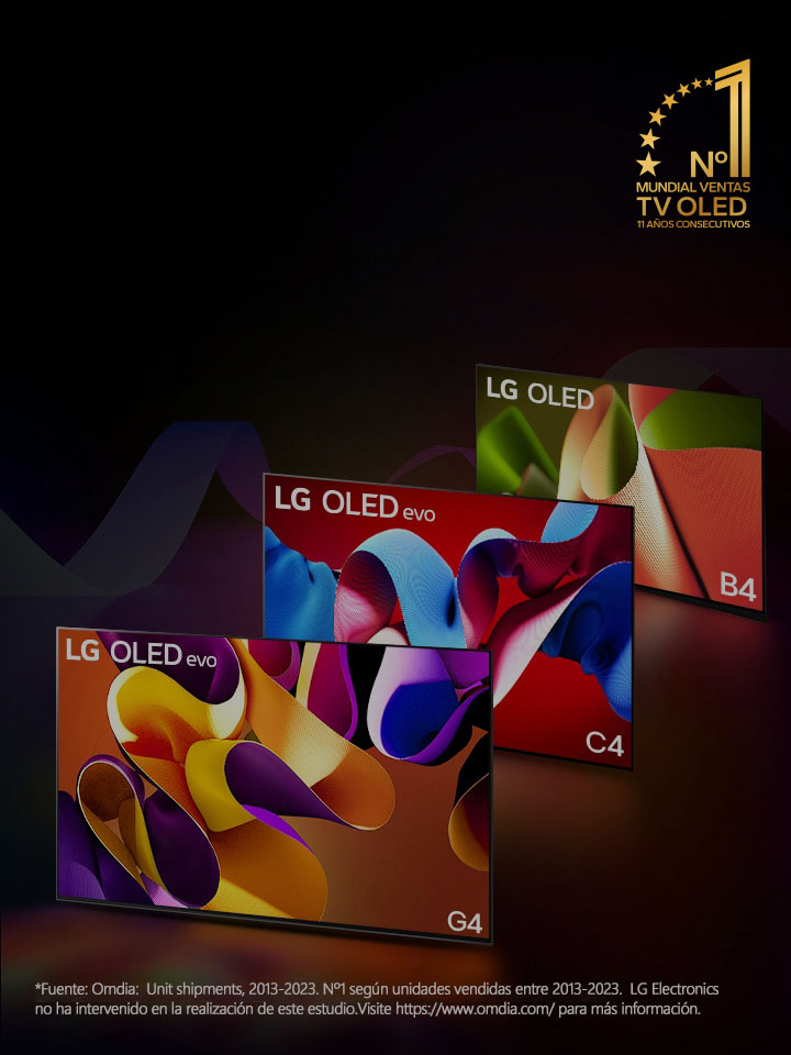 Imagen de unos televisores LG OLED evo C4, evo G4 y B4 colocados uno junto a otro en línea sobre a un fondo negro con espirales de colores. El distintivo “World's No. 1 OLED TV for 11 Years” también aparece en la imagen. Aviso legal: “Fuente: Omdia. Unidades enviadas, 2013-2023. Los resultados no están aprobados por LG Electronics. Confiar en estos resultados corre bajo su propia cuenta y riesgo. Para más detalles, visite?https://www.omdia.com/”.