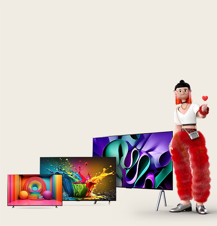 Un dibujo de una figura femenina hace un corazón con las manos junto a tres televisores OLED/QNED: El primero es un televisor LG OLED, el segundo un LG OLED colocado sobre un soporte y el tercero un LG OLED M4 con un soporte de dos polos. A la izquierda se puede ver la frase “?Cómo elegir el mejor televisor?” junto a un botón rojo que dice “Más información”.