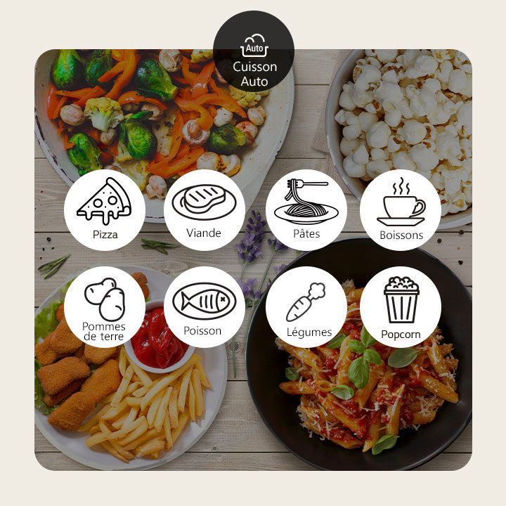 Alimlents en cours de cuisson selon les 4 modes de cuisson du micro-ondes et les 8 ic?nes de menus de Cuisson Auto.