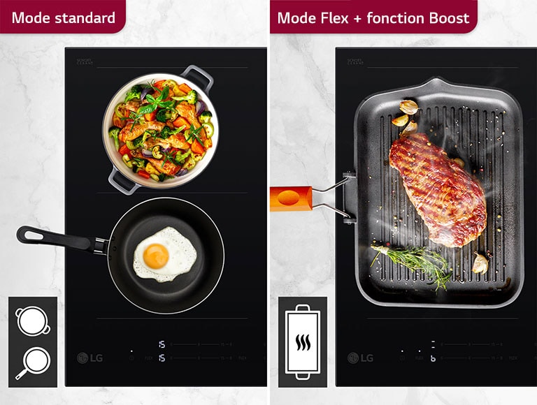 Cette image est segmentée. à gauche, le mode standard de la plaque à induction, avec une casserole sur chaque foyer. à droite, la fonction "boost" de la table à induction, avec une casserole sur deux foyers. Dans la casserole, vous pouvez voir des plats de viande qui ont été cuits à feu vif donc les plats fument.