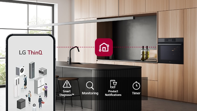 L'image représente un four et un smartphone connectés via ThinQ. Il y a un ic?ne symbolisant les fonctions ThinQ, diagnostics intelligents, surveillance de l'utilisation, notifications produit et minuteur.