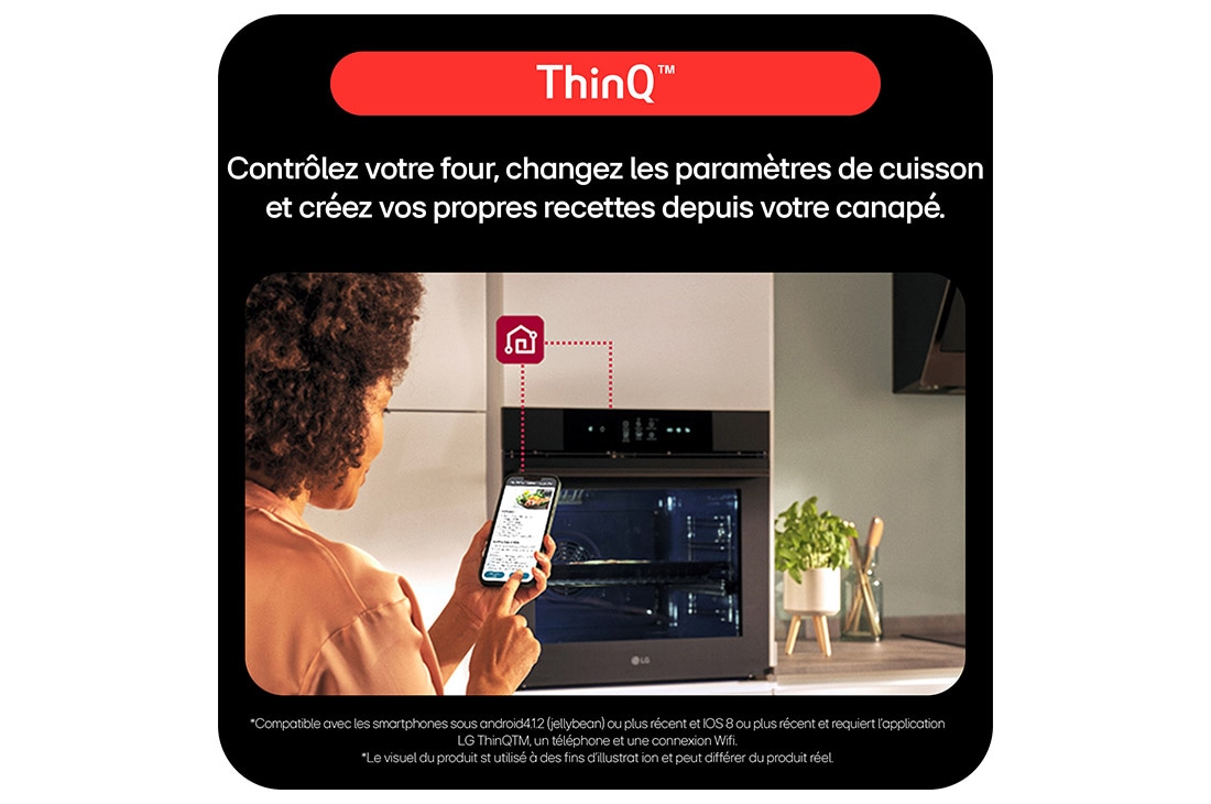 Four et smartphone connectés via ThinQ, avec ic?nes fonctions, diagnostics, surveillance, notifications et minuteur.