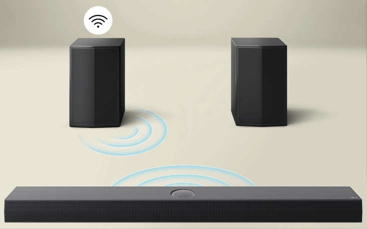 Les enceintes arrières sont en face de la LG Soundbar avec des courbes bleues illustrant la connectivité entre l’enceinte et la Soundbar. Un symbole de connectivité noir et blanc se trouve désormais au-dessus de l’enceinte arrière.