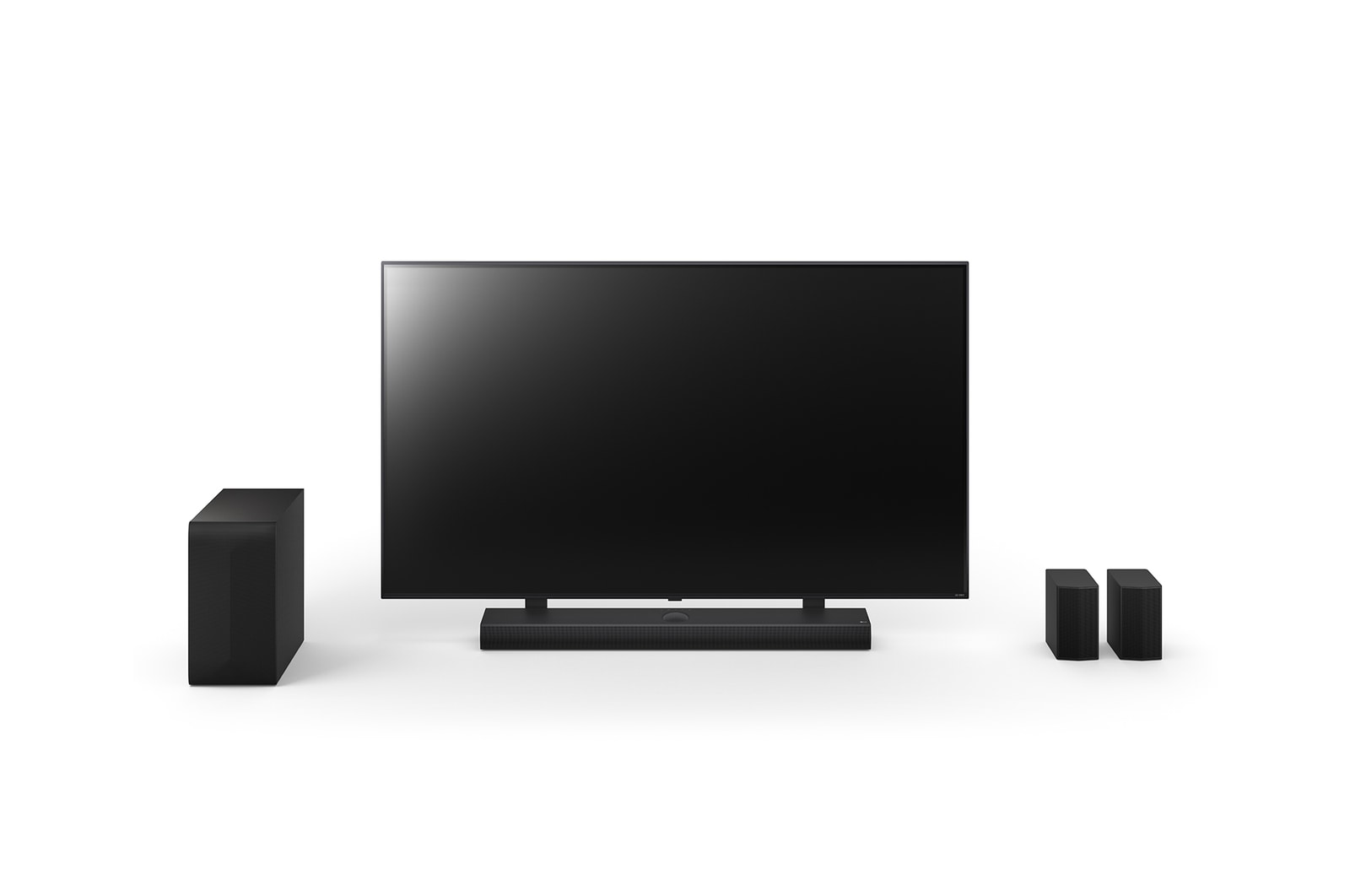 Vue avant de LG QNED 165?cm, de la LG Soundbar S75TR et du caisson de basse