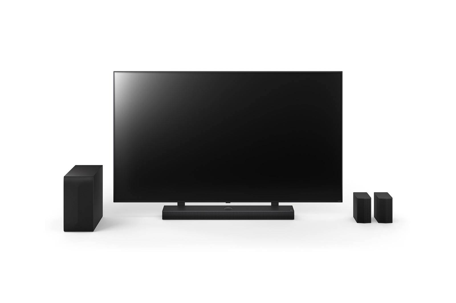 Vue avant de LG QNED 190?cm, de la LG Soundbar S75TR et du caisson de basse