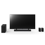 Vue avant de LG QNED 165?cm, de la LG Soundbar S75TR et du caisson de basse