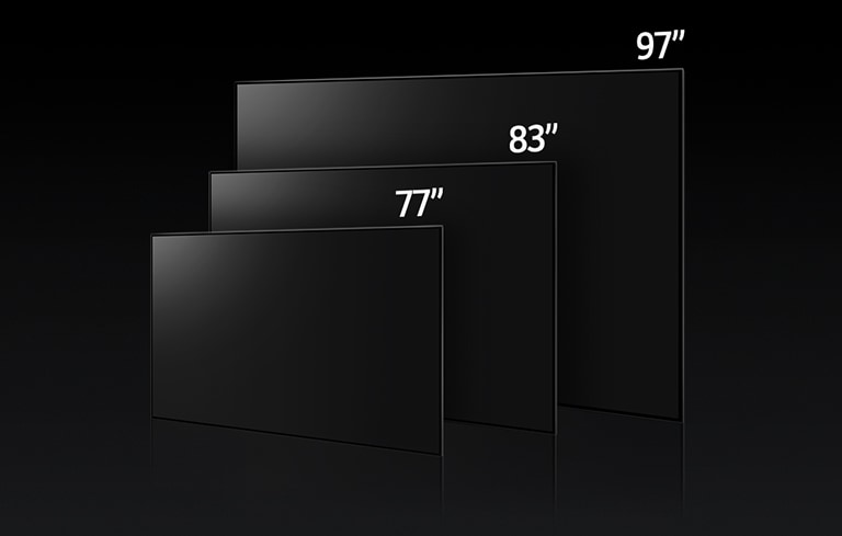 Image comparant les différentes tailles de la série LG OLED M?: 77", 83" et 97".