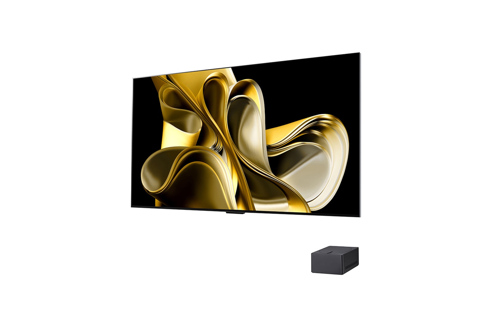 Vue latérale légèrement inclinée vers la gauche de la LG OLED M3 sur le mur avec le bo?tier Zero Connect Box en dessous