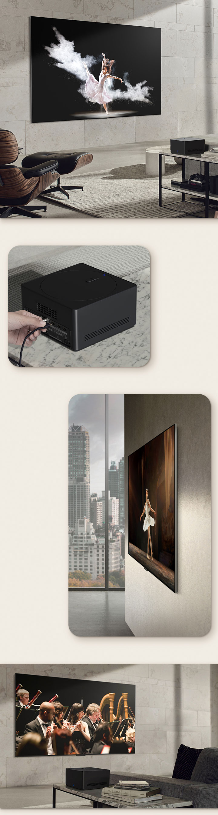 Une image du LG OLED M3 sur le mur d'une pièce agréable, avec un chien et une personne profitant de la vue épurée. Gros plan d'une personne connectant un cable au bo?tier Zero Connect Box. Vue latérale des dimensions incroyablement fines du LG OLED M3. Vue en angle du LG OLED M3 sur un support au sol dans un appartement moderne avec le bo?tier Zero Connect Box sur une table d'appoint en marbre.