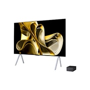 Vue latérale légèrement inclinée vers la gauche de la LG OLED M3 sur le mur avec le bo?tier Zero Connect Box en dessous