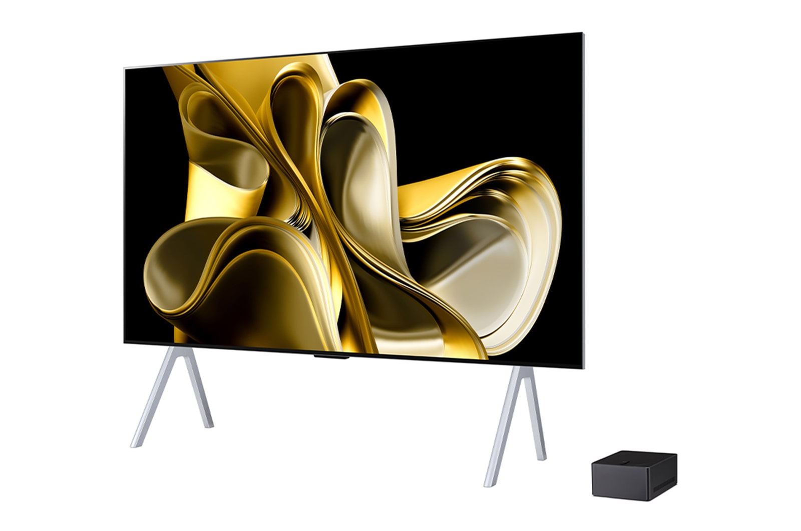 Vue latérale légèrement inclinée vers la gauche de la LG OLED M3 sur le mur avec le bo?tier Zero Connect Box en dessous