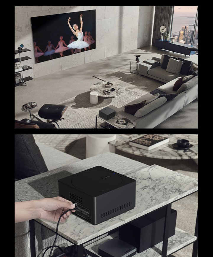 Une image montre un espace de vie confortable avec une déco neutre. Une vue sur la ville à travers la fenêtre. Aucun cable n’entoure la LG OLED TV à fixation murale, et le bo?tier Connect sans fil repose sur une table de chevet. Et l’autre image montre la main d’une personne connectant un périphérique au bo?tier Connect sans fil.