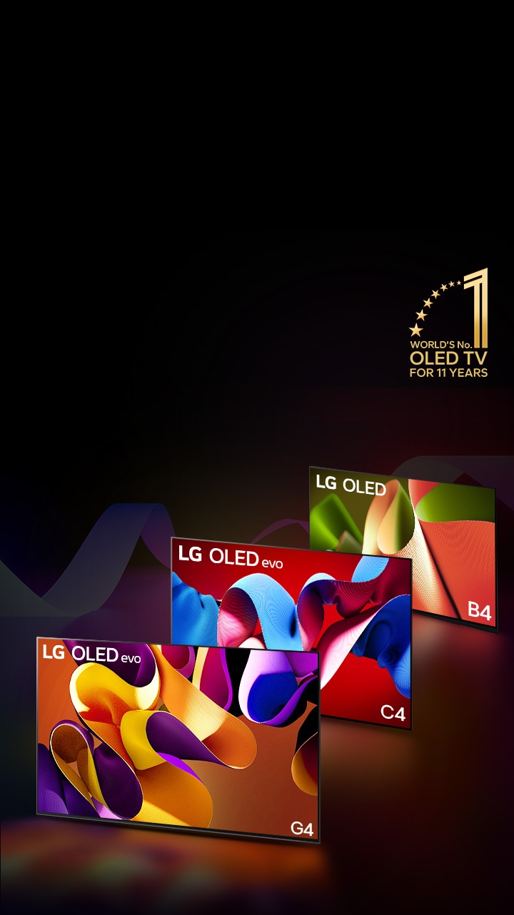 LG OLED evo G4, LG OLED evo C4 et LG OLED B4 c?te à c?te, chacun affichant à l'écran une ?uvre d'art abstraite de couleur différente. La lumière est projetée de chaque téléviseur vers le sol. Un emblème doré représentant le numéro 1 mondial des téléviseurs OLED depuis 11 ans se trouve dans le coin supérieur droit. D'autre part, les mêmes images de LG OLED evo G4, LG OLED evo C4, et LG OLED B4 sont montrées dans une rangée dans l'appareil mobile.  