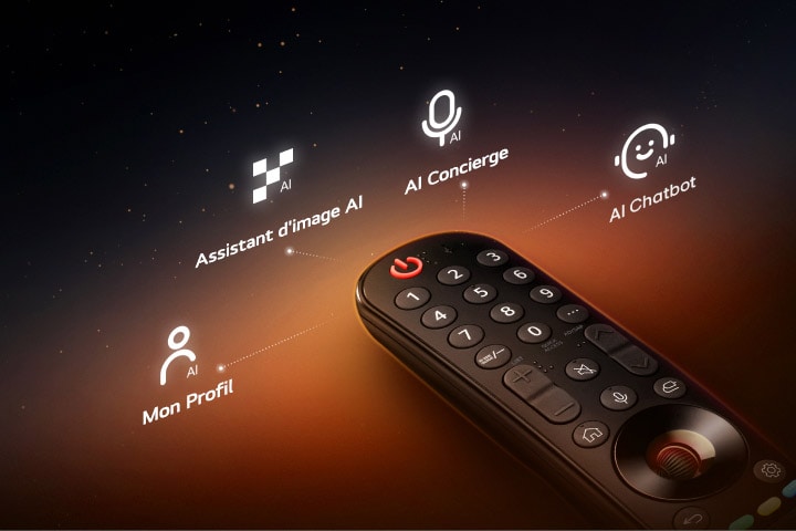 Une télécommande Magic LG sur un fond noir et une lumière douce orange appara?t depuis l’avant. Quatre ic?nes étiquetées apparaissent autour de la Télécommande Magic, connectées par des lignes fines en pointillés. Mon Profil, Assistant d'image AI, AI Concierge et AI Chatbot.