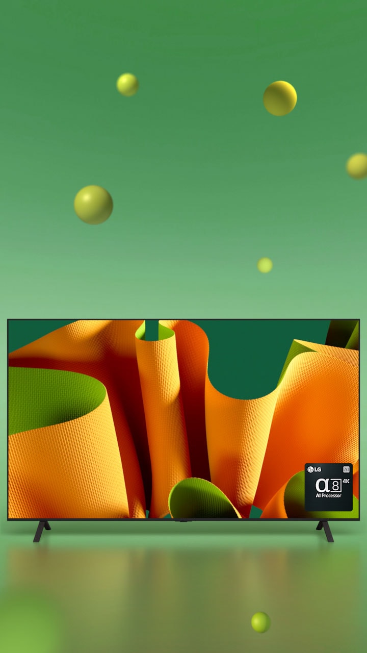 Le LG OLED B4 tourné à 45?degrés vers la gauche, avec à l’écran une ?uvre d’art abstraite verte et orange, sur une toile de fond verte avec des sphères en 3D. La TV OLED pivote pour appara?tre de face. En bas à droite, on voit un logo du processeur LG alpha 8 AI.
