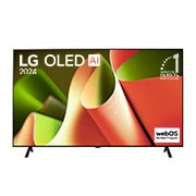 Vue de face de la TV OLED LG, OLED B4, logo de l’emblème OLED numéro 1 dans le monde pendant 11?ans et logo du programme webOS Re:New à l’écran.