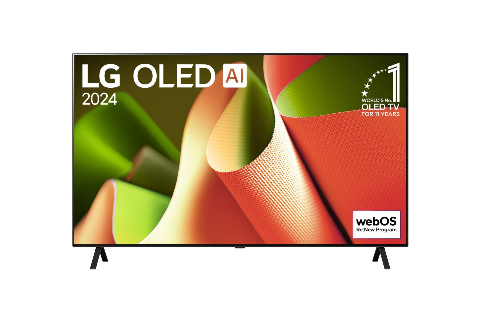 Vue de face de la TV OLED LG, OLED B4, logo de l’emblème OLED numéro 1 dans le monde pendant 11?ans et logo du programme webOS Re:New à l’écran.