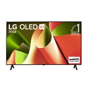 Vue de face de la TV OLED LG, OLED B4, logo de l’emblème OLED numéro 1 dans le monde pendant 11?ans et logo du programme webOS Re:New à l’écran.
