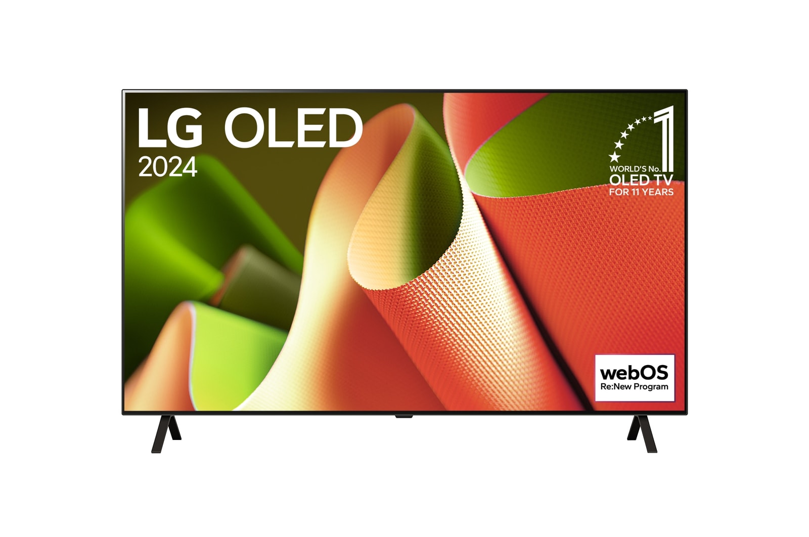 Vue de face de la TV OLED LG, OLED B4, logo de l’emblème OLED numéro 1 dans le monde pendant 11?ans et logo du programme webOS Re:New à l’écran.