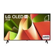 Vue de face de la TV OLED LG, OLED B4, logo de l’emblème OLED numéro 1 dans le monde pendant 11?ans et logo du programme webOS Re:New à l’écran.