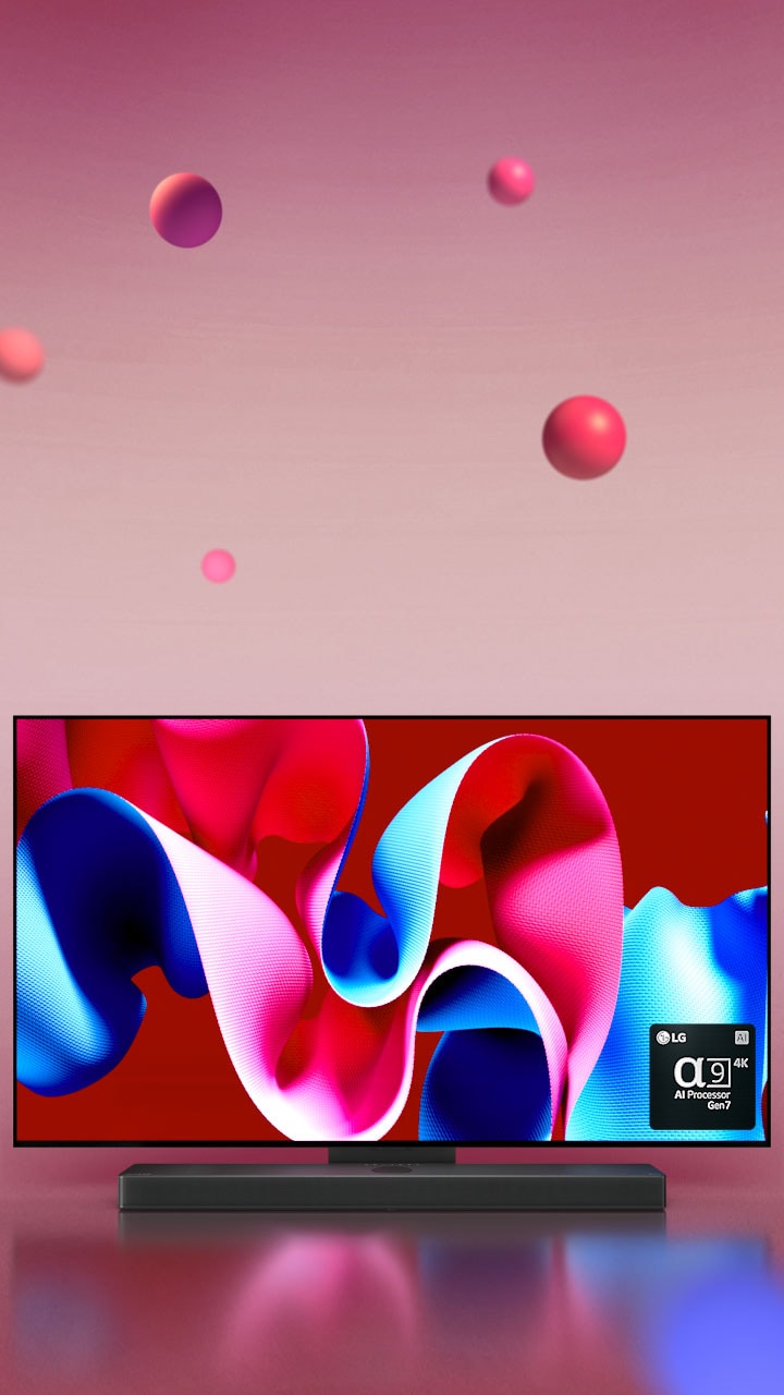Le LG OLED C4 tourné à 45?degrés vers la droite, avec à l’écran une ?uvre d’art abstraite rose et bleue, sur une toile de fond rose avec des sphères en 3D. La TV OLED pivote pour appara?tre de face. En bas à droite, on voit un logo du processeur LG alpha 9 AI Gen 7.