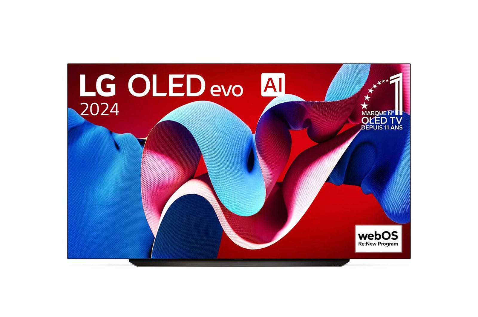 Vue de face avec la TV OLED evo LG, OLED C4, emblème OLED numéro 1 dans le monde pendant 11?ans et logo du programme webOS Re:New à l’écran.