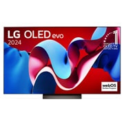 Vue de face de la TV OLED evo LG, OLED C4, logo de l’emblème OLED numéro 1 dans le monde pendant 11?ans et logo du programme webOS Re:New à l’écran.