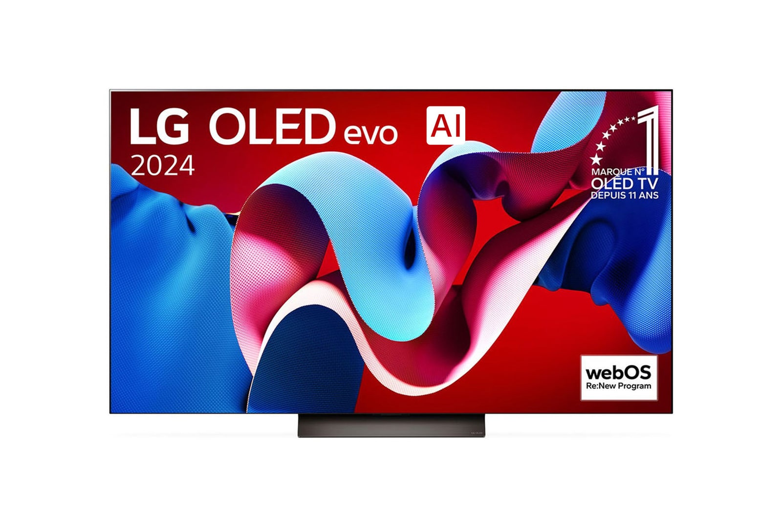 Vue de face de la TV OLED evo LG, OLED C4, logo de l’emblème OLED numéro 1 dans le monde pendant 11?ans et logo du programme webOS Re:New à l’écran.