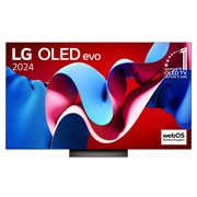 Vue de face de la TV OLED evo LG, OLED C4, logo de l’emblème OLED numéro 1 dans le monde pendant 11?ans et logo du programme webOS Re:New à l’écran.