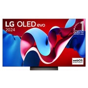 Vue de face de la TV OLED evo LG, OLED C4, logo de l’emblème OLED numéro 1 dans le monde pendant 11?ans et logo du programme webOS Re:New à l’écran.