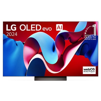 Vue de face avec la TV OLED evo LG, OLED C4, logo de l’emblème OLED numéro 1 dans le monde pendant 11?ans et logo du programme webOS Re:New à l’écran, ainsi que de la barre de son dessous