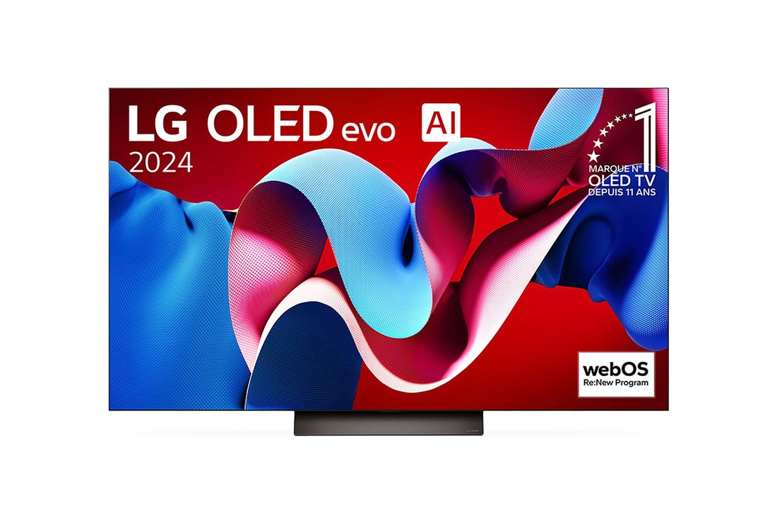 Vue de face de la TV OLED evo LG, OLED C4, logo de l’emblème OLED numéro 1 dans le monde pendant 11?ans et logo du programme webOS Re:New à l’écran.