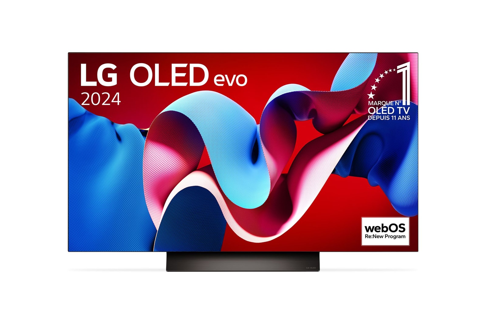 Vue de face avec la TV OLED evo LG, OLED C4, emblème OLED numéro 1 dans le monde pendant 11?ans et logo du programme webOS Re:New à l’écran.