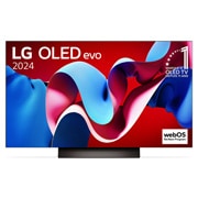 Vue de face avec la TV OLED evo LG, OLED C4, emblème OLED numéro 1 dans le monde pendant 11?ans et logo du programme webOS Re:New à l’écran.