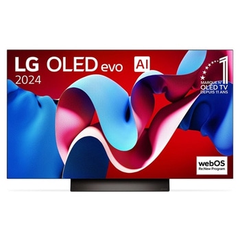 Vue de face avec la TV OLED evo LG, OLED C4, emblème OLED numéro 1 dans le monde pendant 11?ans et logo du programme webOS Re:New à l’écran.