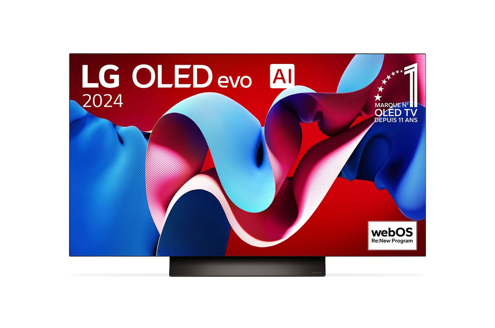 Vue de face avec la TV OLED evo LG, OLED C4, emblème OLED numéro 1 dans le monde pendant 11?ans et logo du programme webOS Re:New à l’écran.