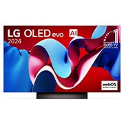 Vue de face avec la TV OLED evo LG, OLED C4, emblème OLED numéro 1 dans le monde pendant 11?ans et logo du programme webOS Re:New à l’écran.