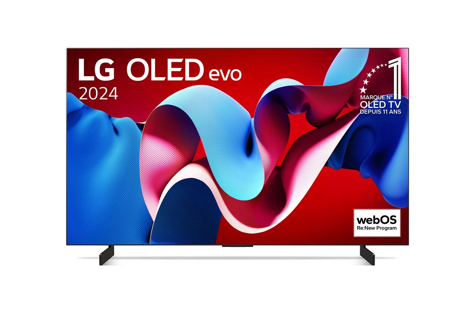 Vue de face avec la TV OLED evo LG, OLED C4, emblème OLED numéro 1 dans le monde pendant 11?ans et logo du programme webOS Re:New à l’écran.