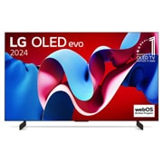 Vue de face avec la TV OLED evo LG, OLED C4, emblème OLED numéro 1 dans le monde pendant 11?ans et logo du programme webOS Re:New à l’écran.