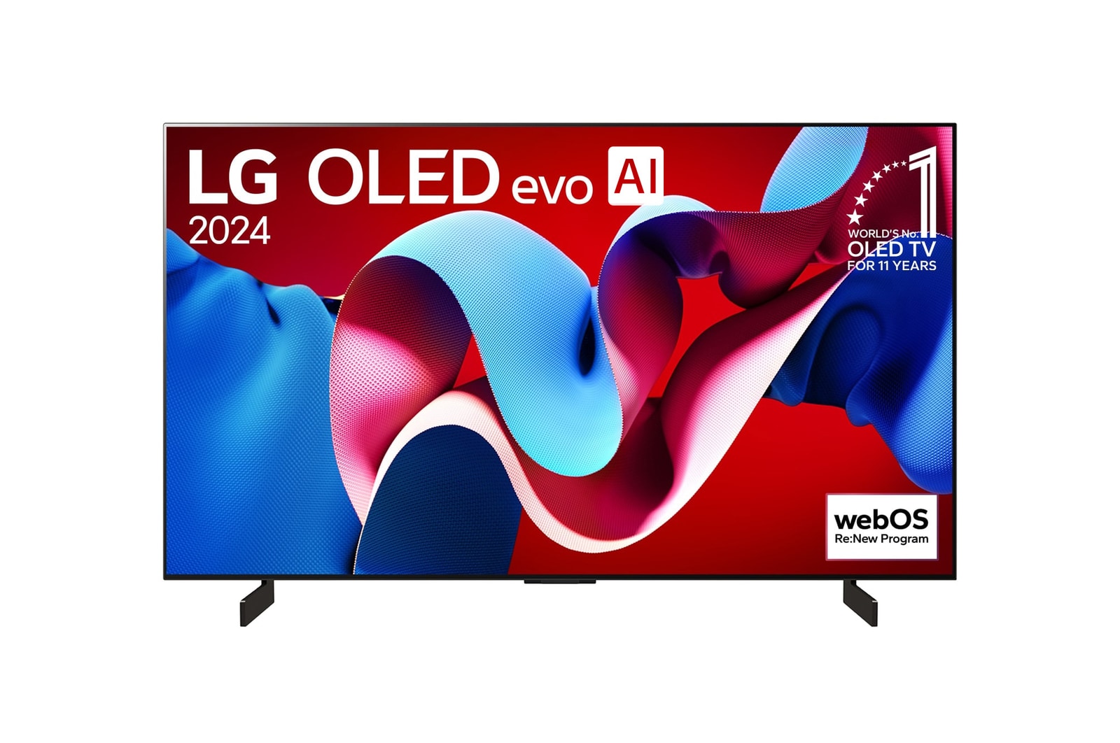 Vue de face avec la TV OLED evo LG, OLED C4, emblème OLED numéro 1 dans le monde pendant 11?ans et logo du programme webOS Re:New à l’écran.