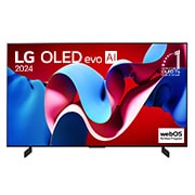 Vue de face avec la TV OLED evo LG, OLED C4, emblème OLED numéro 1 dans le monde pendant 11?ans et logo du programme webOS Re:New à l’écran.