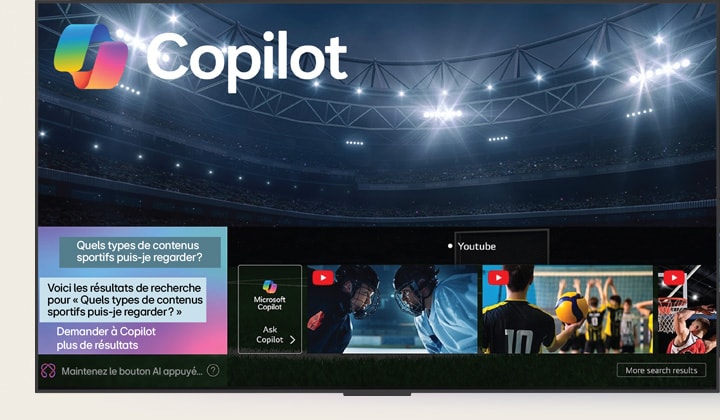 écran de LG OLED TV montrant le fonctionnement de la recherche par IA. Une petite fenêtre de chat est ouverte, montrant comment l’utilisateur a demandé les jeux de sport disponibles. La recherche par IA a répondu par chat et en montrant des vignettes des différents contenus disponibles. On voit aussi une invite à faire une demande à Microsoft Copilot?. 