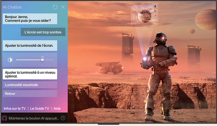 Le contenu de science-fiction est diffusé sur un écran de LG OLED TV. Sur le c?té gauche de l’écran se trouve l’interface AI Chatbot. L’utilisateur envoie un message au chatbot indiquant que l’écran est trop sombre et que le chatbot propose des solutions à la demande.