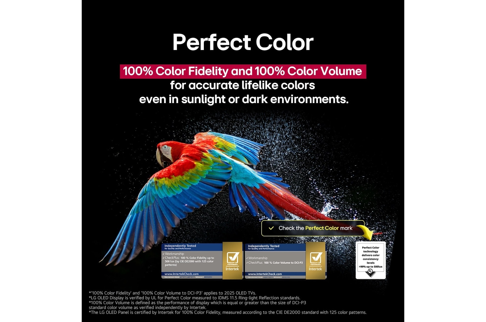 Des feux d’artifice éblouissants et colorés sont affichés sur un écran de TV. Cela démontre une fidélité de couleur de 100?%, avec des couleurs précises même en plein soleil.  La certification du logo est visible, la technologie Perfect Color offre des niveaux d’uniformité des couleurs supérieurs à 99?% jusqu’à 500?lux. Les certifications Intertek montrant des tests indépendants sont également à c?té.