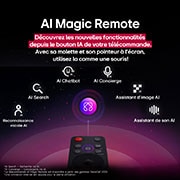 Télécommande AI Magic Remote LG au premier plan. L’ic?ne du bouton IA est mise en évidence. En arrière-plan, se trouve l’interface utilisateur webOS de LG. Le curseur de la souris indique que la télécommande est utilisée. Le texte explique comment les fonctions et contr?les de la télécommande facilitent la navigation sur webOS. 